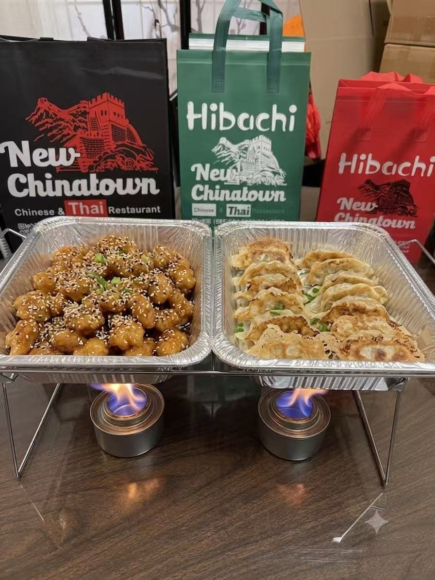 Party trays on chafing racks with warming fuel